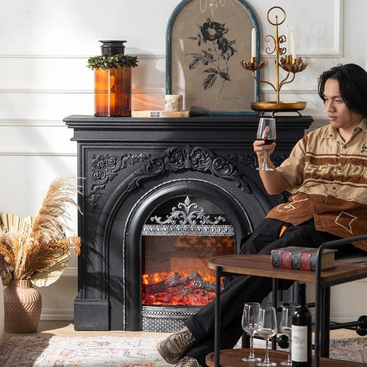 American Vintage Black Carved Simulated Fire Mantel, Villa Entry Atmosphere Sense Decorative Fireplace