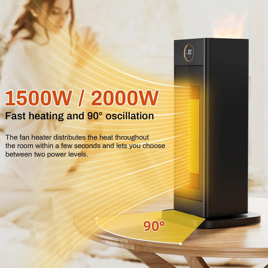 Calentador de ventilador de cerámica Calentador eléctrico de ahorro de energía Calentador de ventilador Control remoto 2000W/1500W 3 niveles Temporizador de 1-12 horas, con humidificador