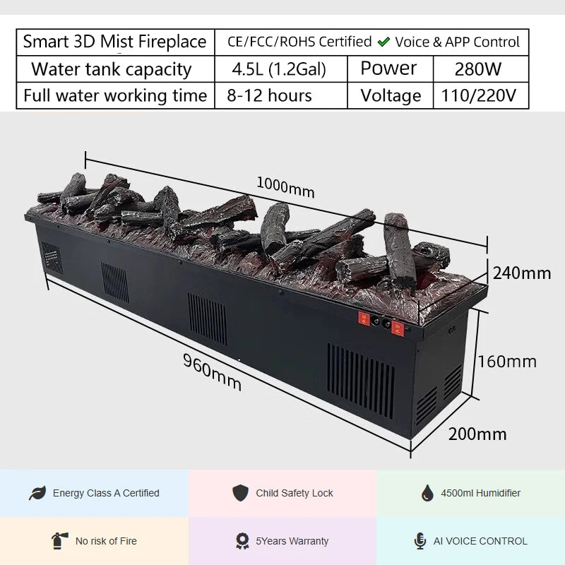 Realistic Simulated Charcoal Logs for Fireplace Decoration TV Stand APP Control Real Wood Sound 3D Water Steam Fireplace