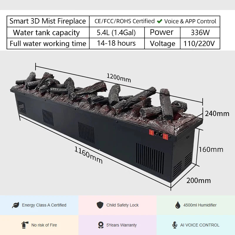Realistic Simulated Charcoal Logs for Fireplace Decoration TV Stand APP Control Real Wood Sound 3D Water Steam Fireplace