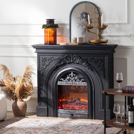 American Vintage Black Carved Simulated Fire Mantel, Villa Entry Atmosphere Sense Decorative Fireplace